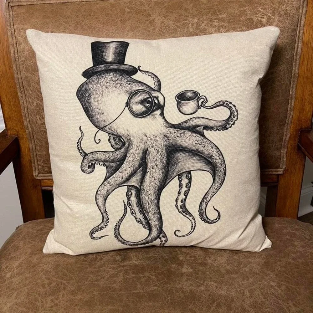 Cream and black octopus print 4x4 pillow cover (pillow not included)